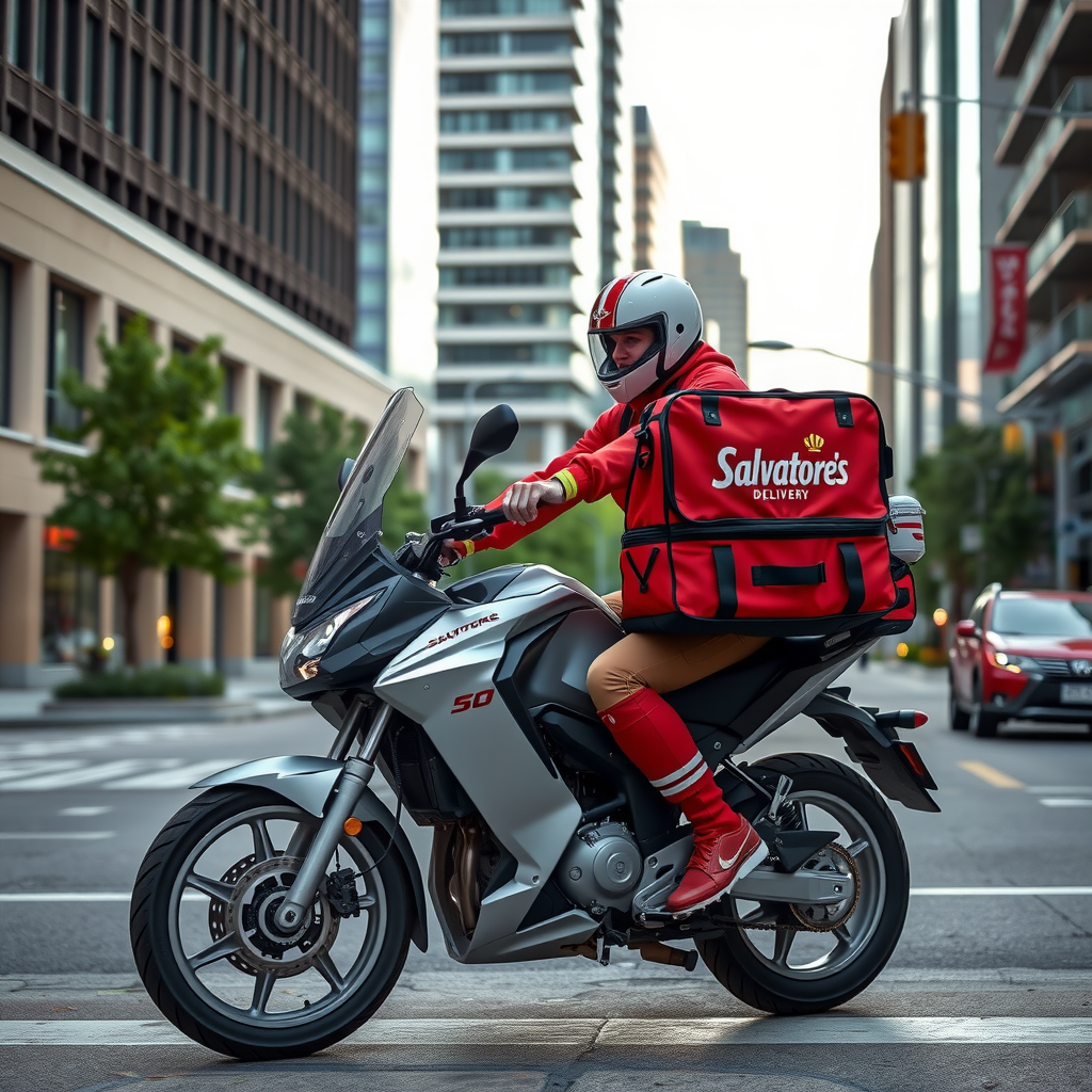 Salvatore's delivery driver on a motorcycle with insulated pizza delivery bag, wearing branded uniform, navigating through a Canadian city street with modern buildings in the background during daytime