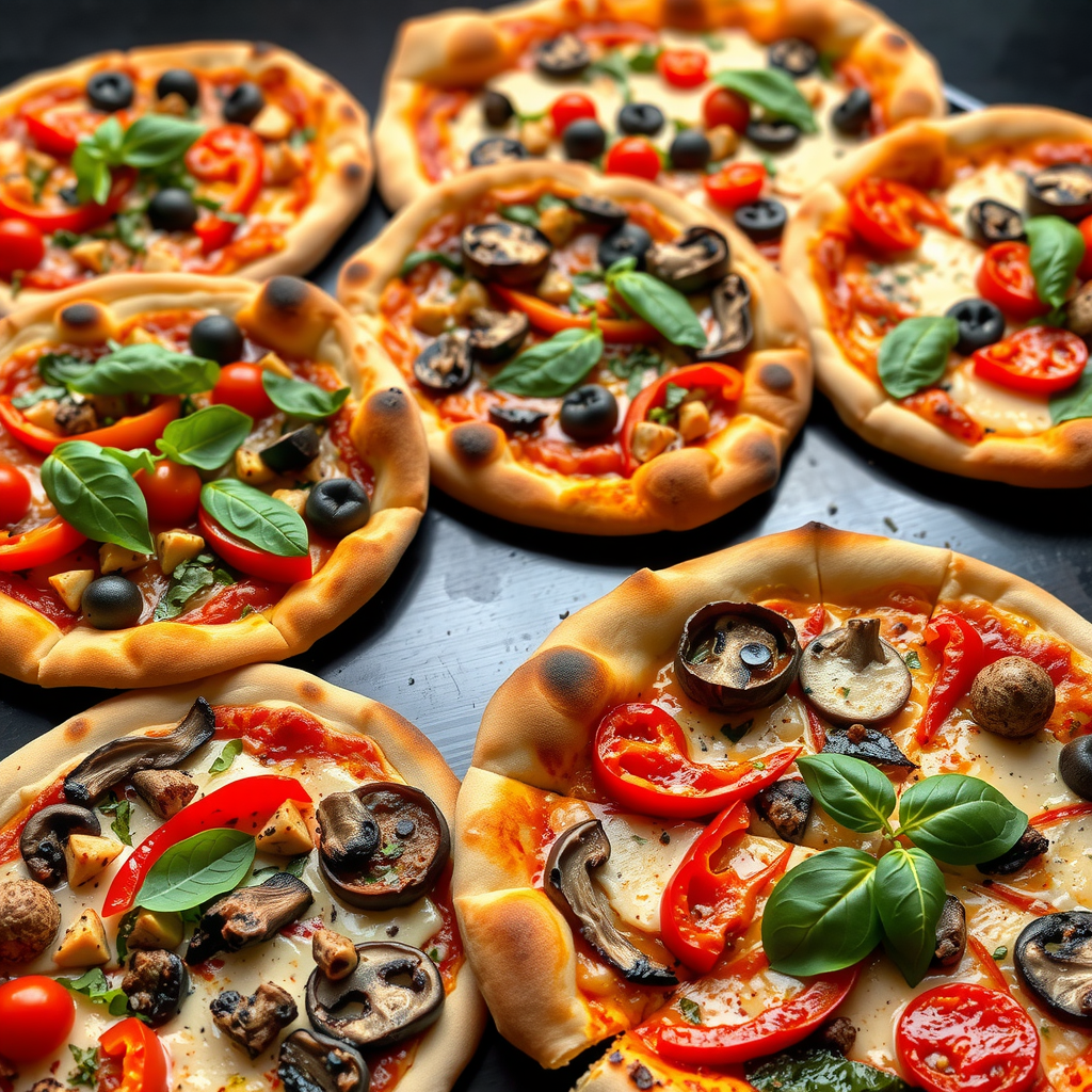Colorful array of vegetarian and vegan pizzas featuring dairy-free cheese and innovative vegetable toppings including roasted peppers, mushrooms, artichokes, and fresh basil, showcasing Salvatore's new plant-based menu with authentic Italian flavor