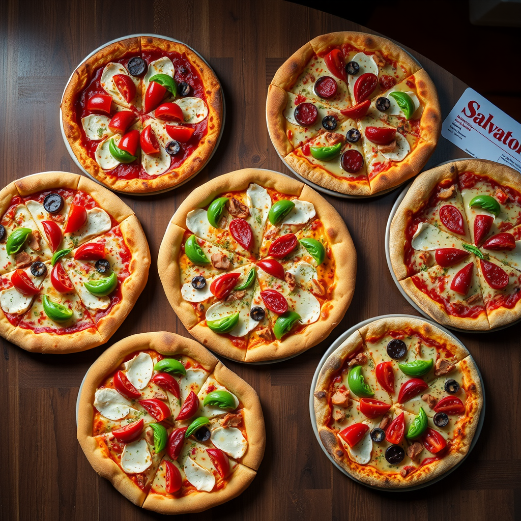 Artistic overhead shot of multiple Salvatore specialty pizzas arranged on a wooden table, showing various toppings including fresh vegetables, meats, and melted cheese, with the Salvatore menu visible in the corner