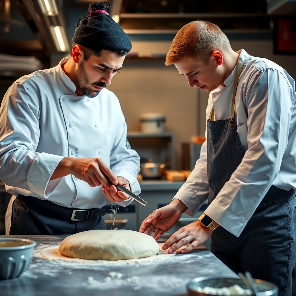 Chef Marco Benedetti teaching a young apprentice the art of pizza dough making, hands-on training session in professional kitchen, mentorship moment captured, both working with flour and dough, warm kitchen lighting