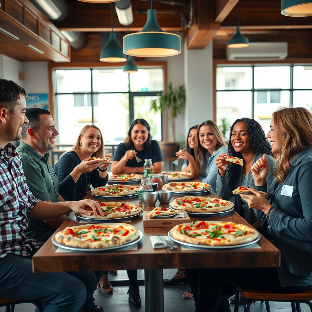 Diverse group of happy customers sitting around a table sharing multiple plant-based pizzas, laughing and enjoying their meal in a bright, modern dining setting with natural light streaming through windows