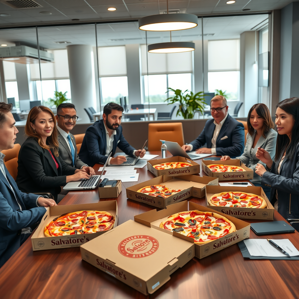 Modern office conference room with business professionals enjoying Salvatore's pizza lunch, multiple pizza boxes on table, professional setting with laptops and documents, contactless delivery setup visible