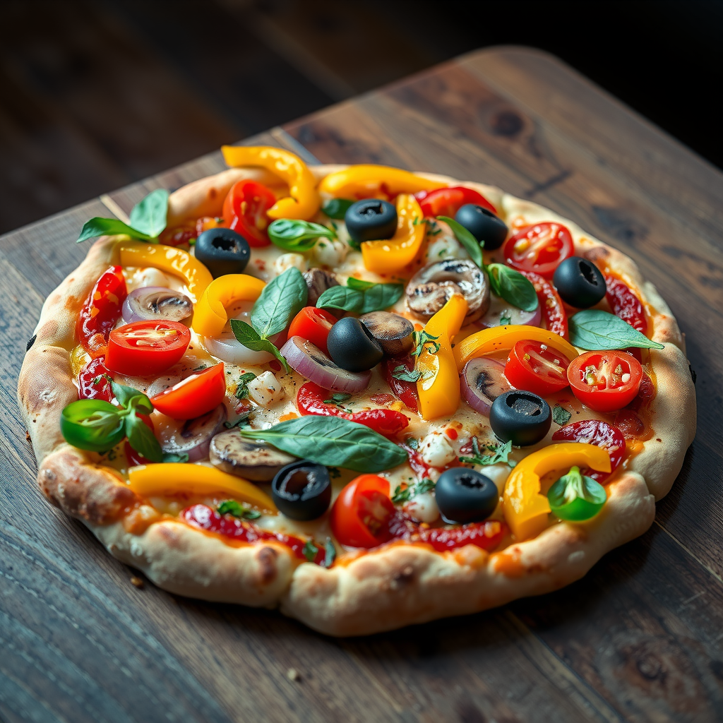 Colorful vegetarian pizza topped with bell peppers, mushrooms, onions, olives, tomatoes, and fresh herbs on whole wheat crust