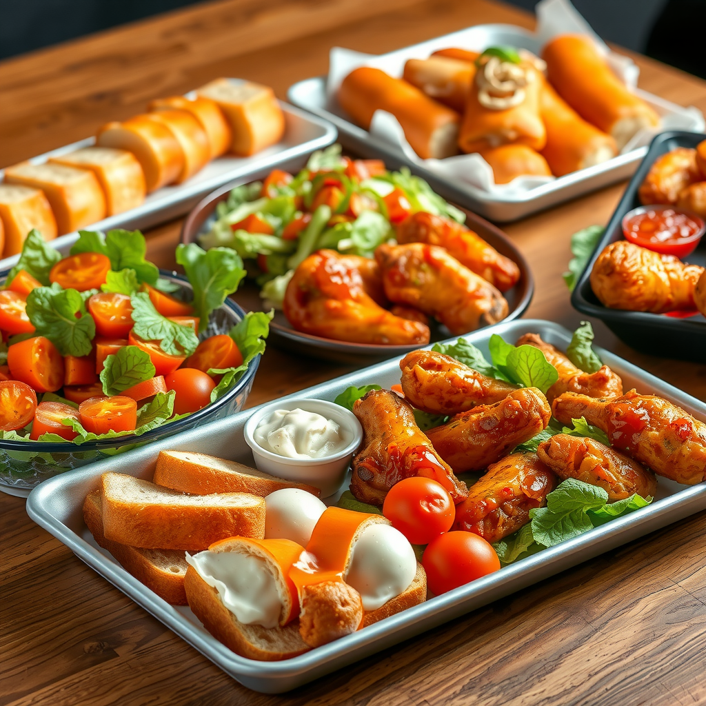 Appetizer spread featuring garlic bread mozzarella sticks chicken wings and fresh salads arranged on serving platters