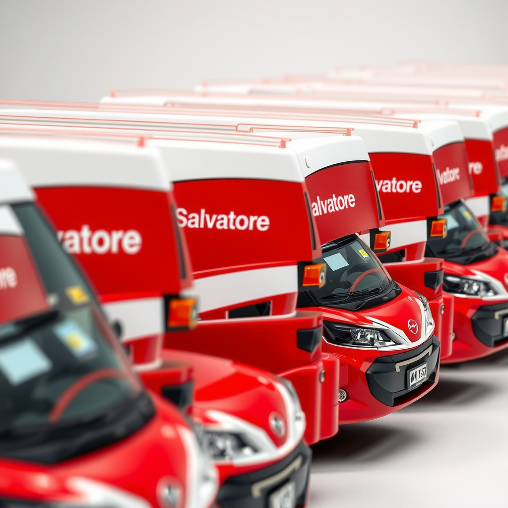 Row of Salvatore branded delivery vehicles in red and white company colors, modern fuel-efficient cars with company logo, professional fleet lineup showing well-maintained delivery vehicles