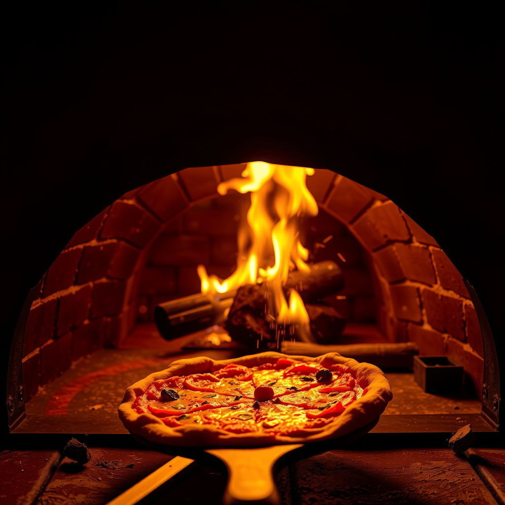 Glowing wood-fired brick oven with flames visible and a pizza being inserted on a long wooden peel with sparks and heat waves creating dramatic lighting