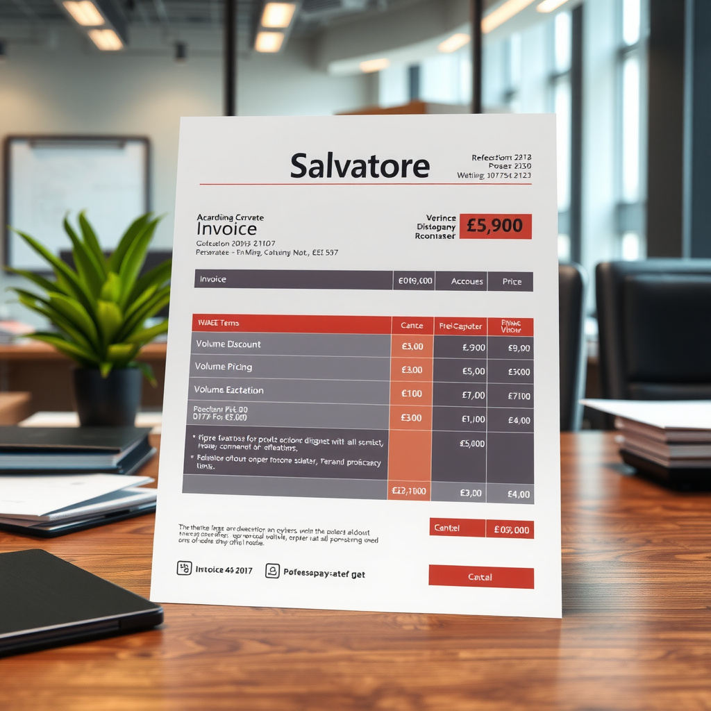 Professional corporate invoice from Salvatore showing volume discount pricing structure and payment terms on modern office desk