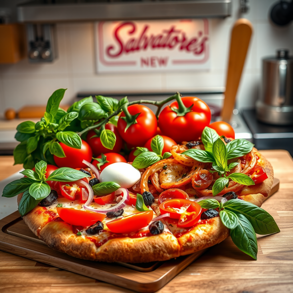 Fresh pizza ingredients including ripe tomatoes, mozzarella cheese, basil leaves, and premium toppings arranged artistically on a wooden cutting board in a professional kitchen setting with Salvatore's branding