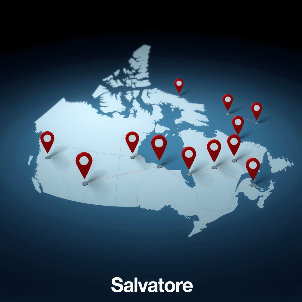 Conceptual image showing a map of Canada with Salvatore location markers, connected by lines representing the delivery network, with modern digital interface elements and the Salvatore logo prominently displayed