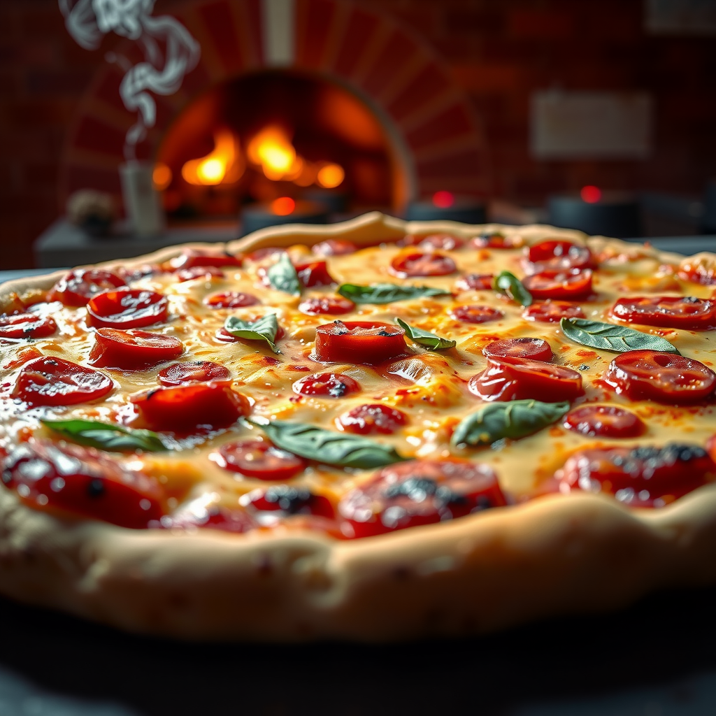 Beautifully finished pizza with perfect golden-brown crust showing characteristic air bubbles, fresh toppings, wood-fired oven in background, steam rising from hot pizza, professional food photography lighting