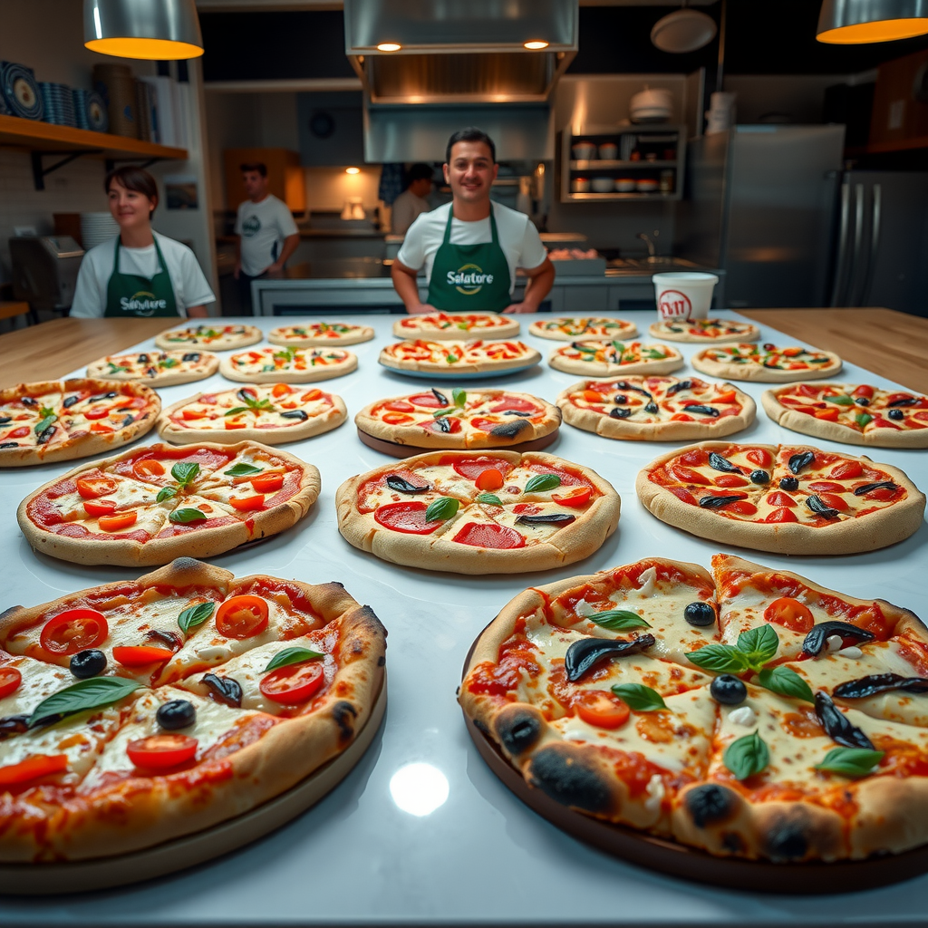 Celebratory image showing the complete Salvatore plant-based pizza menu spread across a large table, featuring multiple specialty pizzas with vibrant colors, fresh ingredients, and happy staff members in the background of a modern restaurant kitchen
