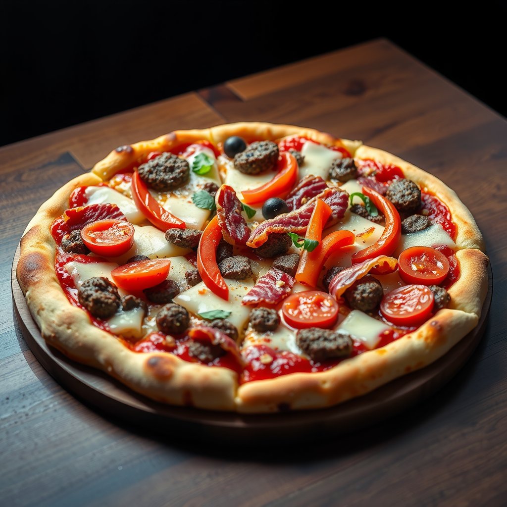 Hearty meat lovers pizza loaded with pepperoni, Italian sausage, bacon, ham, and ground beef on thick crust with extra cheese