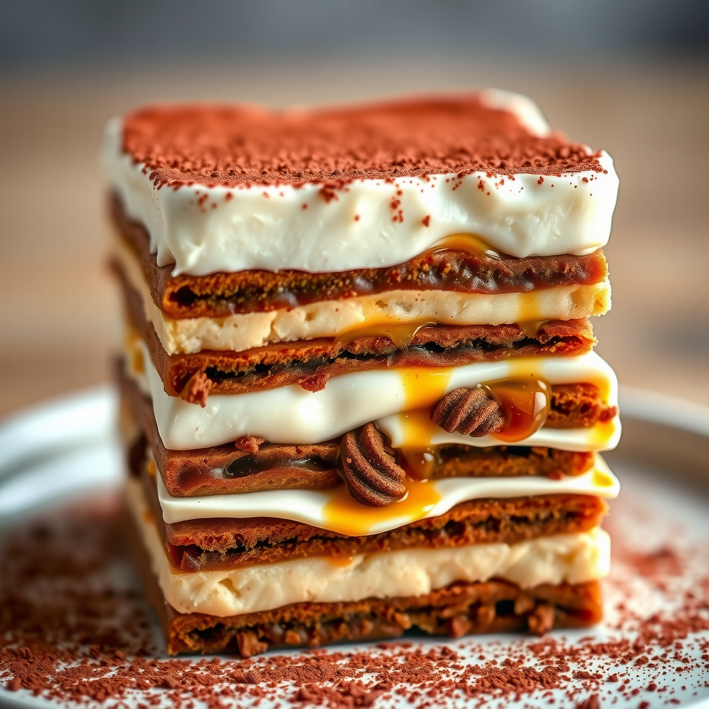 Classic tiramisu dessert with layers of coffee-soaked ladyfingers and mascarpone cream dusted with cocoa