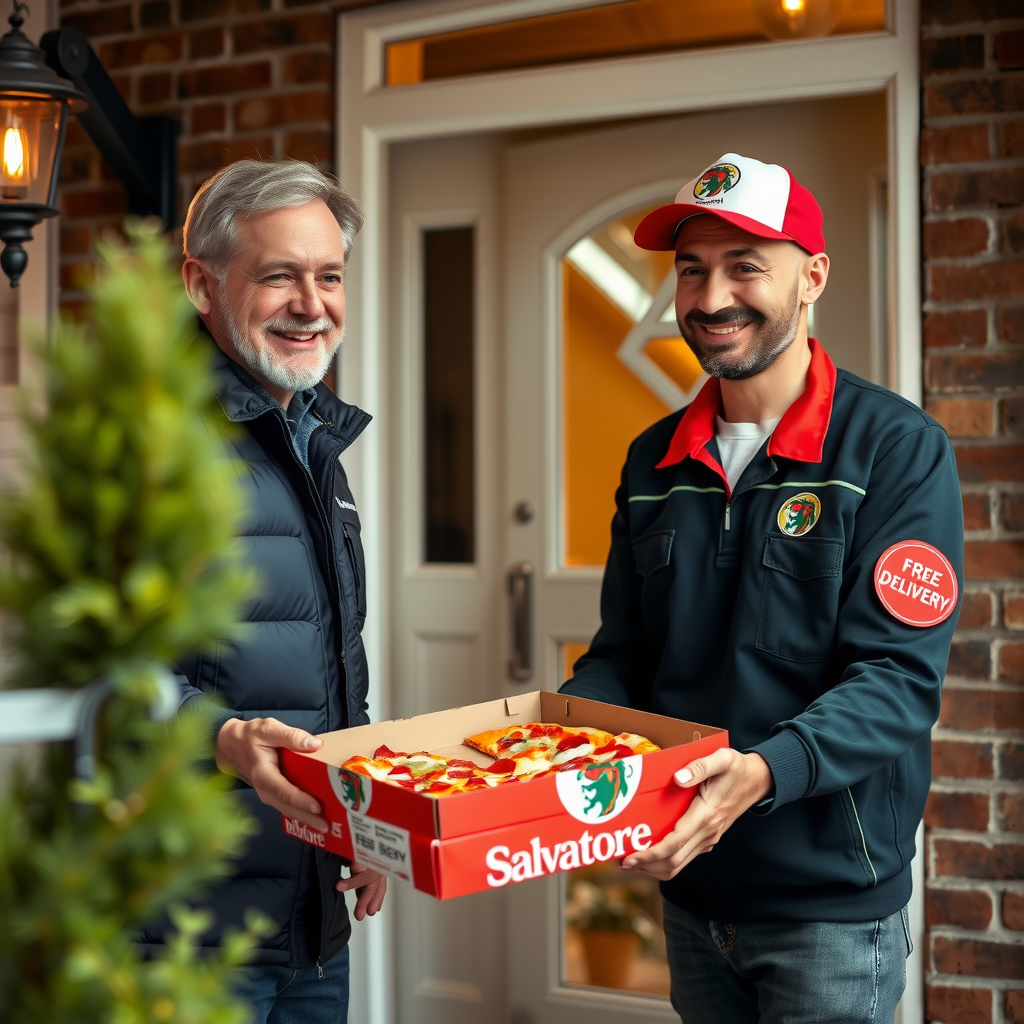 Satisfied customer receiving pizza delivery at their front door, friendly Salvatore delivery driver in uniform handing over hot pizza box, free delivery promotional badge visible, happy interaction