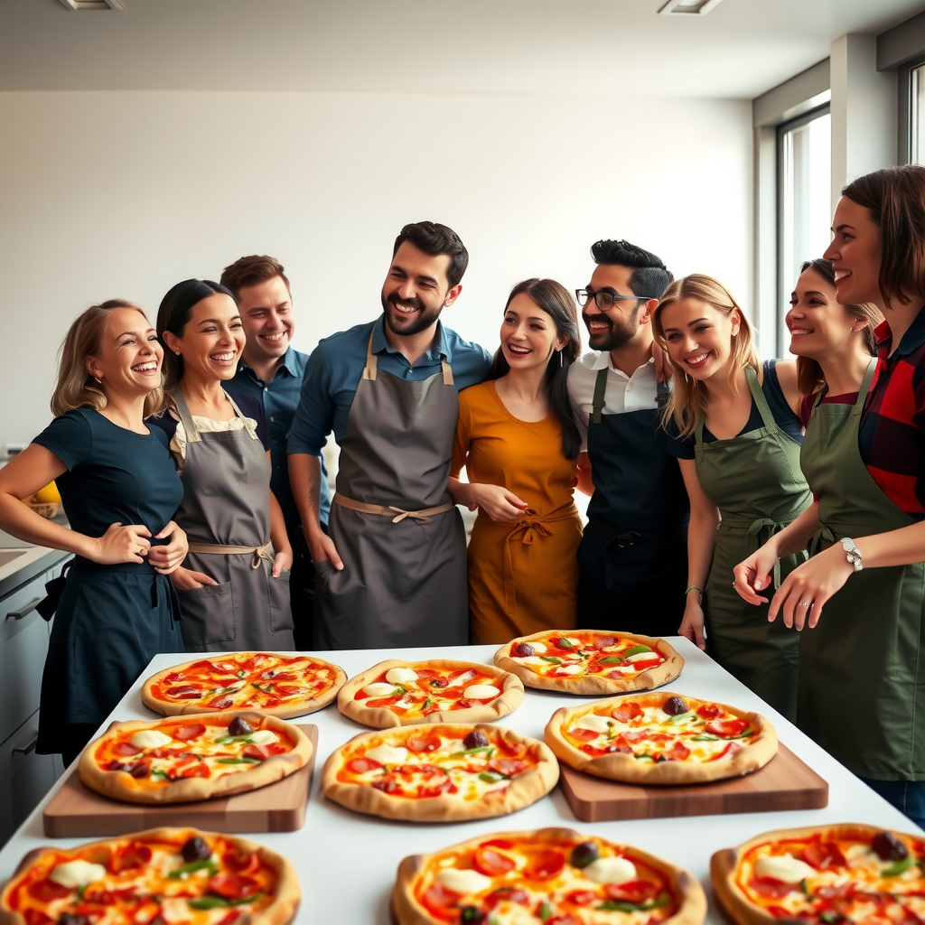 Group of diverse people in aprons laughing and making pizza together in a bright modern kitchen with finished pizzas displayed on a counter