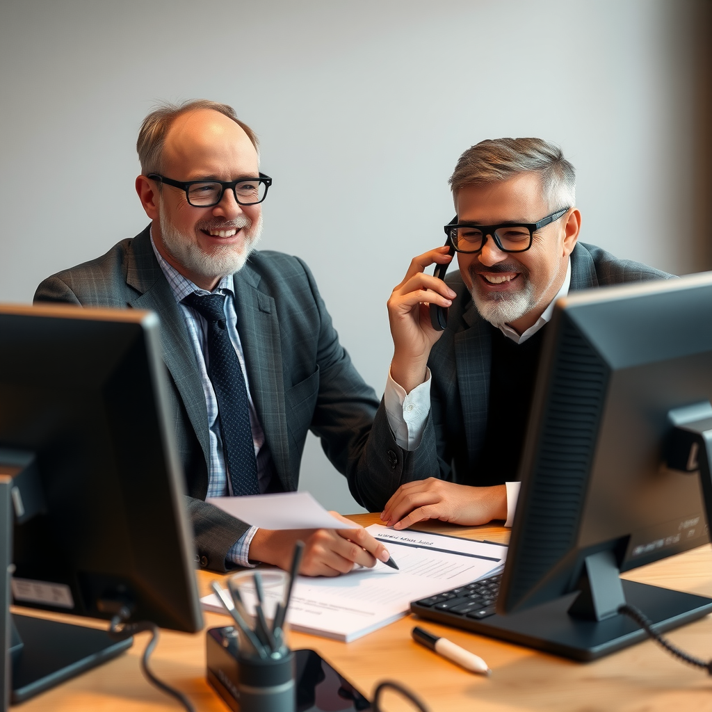 Friendly Salvatore account manager in professional attire speaking on phone with corporate client while reviewing order details on computer