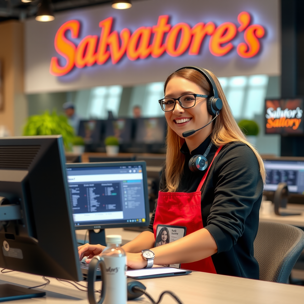 Friendly Salvatore's customer service representative wearing headset, smiling while assisting customers at a modern service desk with computer screens showing order management system and company branding