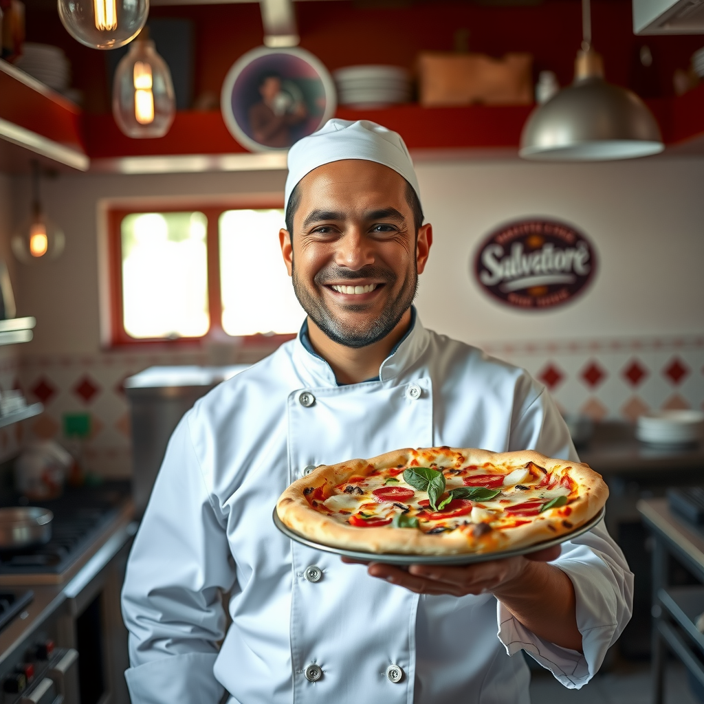 Chef Marco Benedetti smiling proudly in Salvatore's kitchen, holding a freshly made pizza, wearing professional chef whites, warm and inviting kitchen atmosphere, natural lighting, portrait style photograph