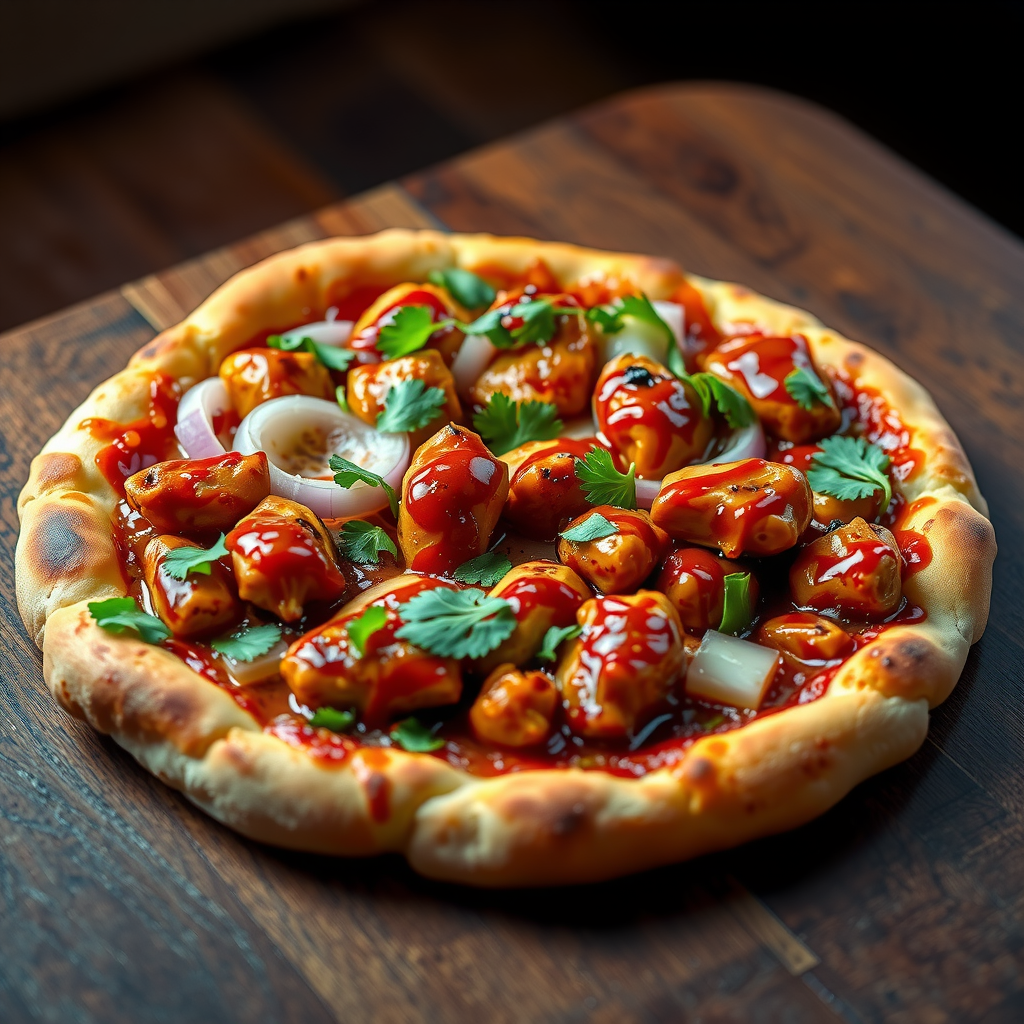 Tangy BBQ chicken pizza with grilled chicken pieces, red onions, cilantro, and smoky BBQ sauce on crispy crust