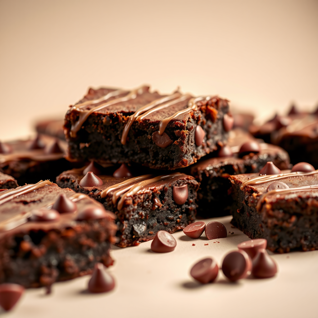 Rich chocolate brownies cut into squares with fudgy texture and chocolate chips