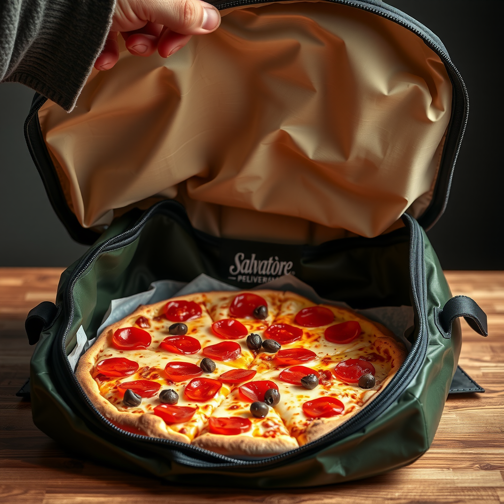 Freshly delivered Salvatore pizza being carefully removed from insulated thermal delivery bag, visible steam rising from hot pizza, perfect melted cheese, demonstrating temperature retention and quality