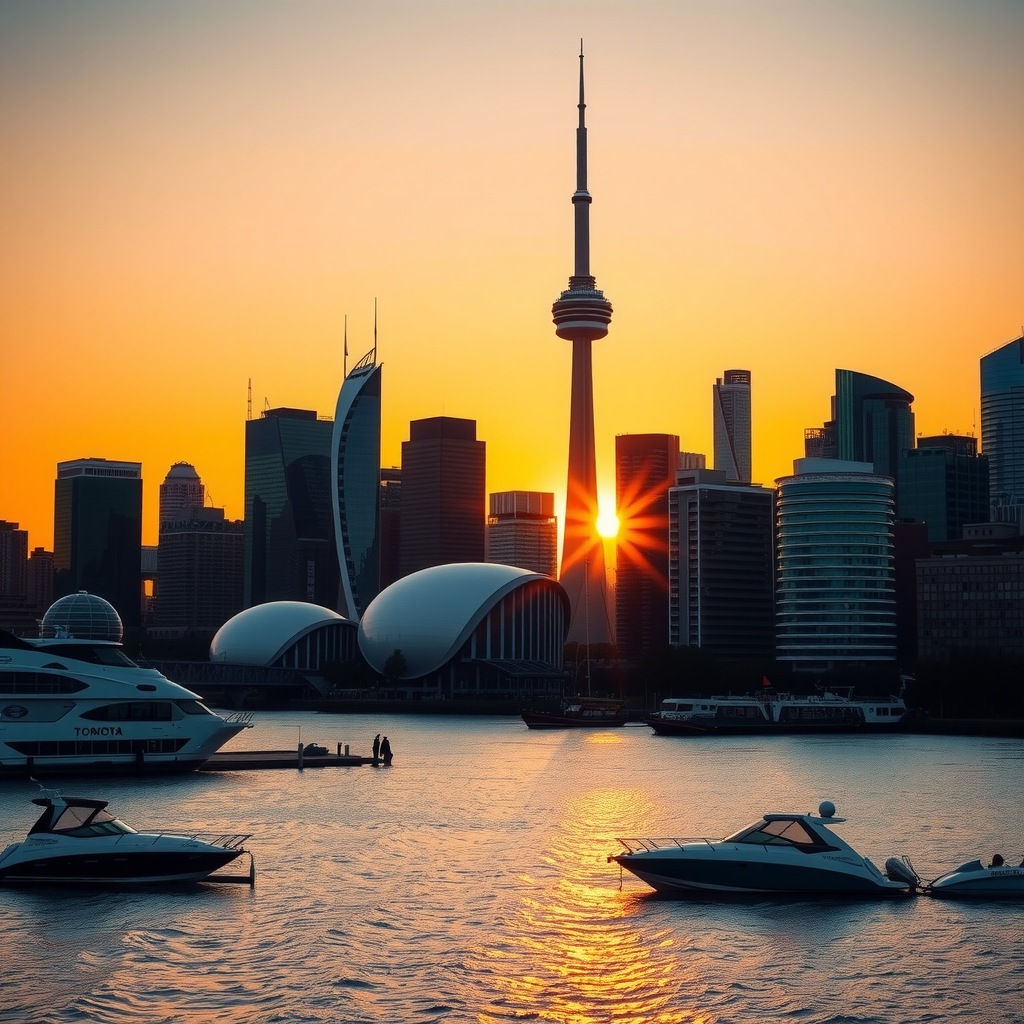 Toronto skyline with CN Tower at sunset with warm golden light reflecting off modern buildings