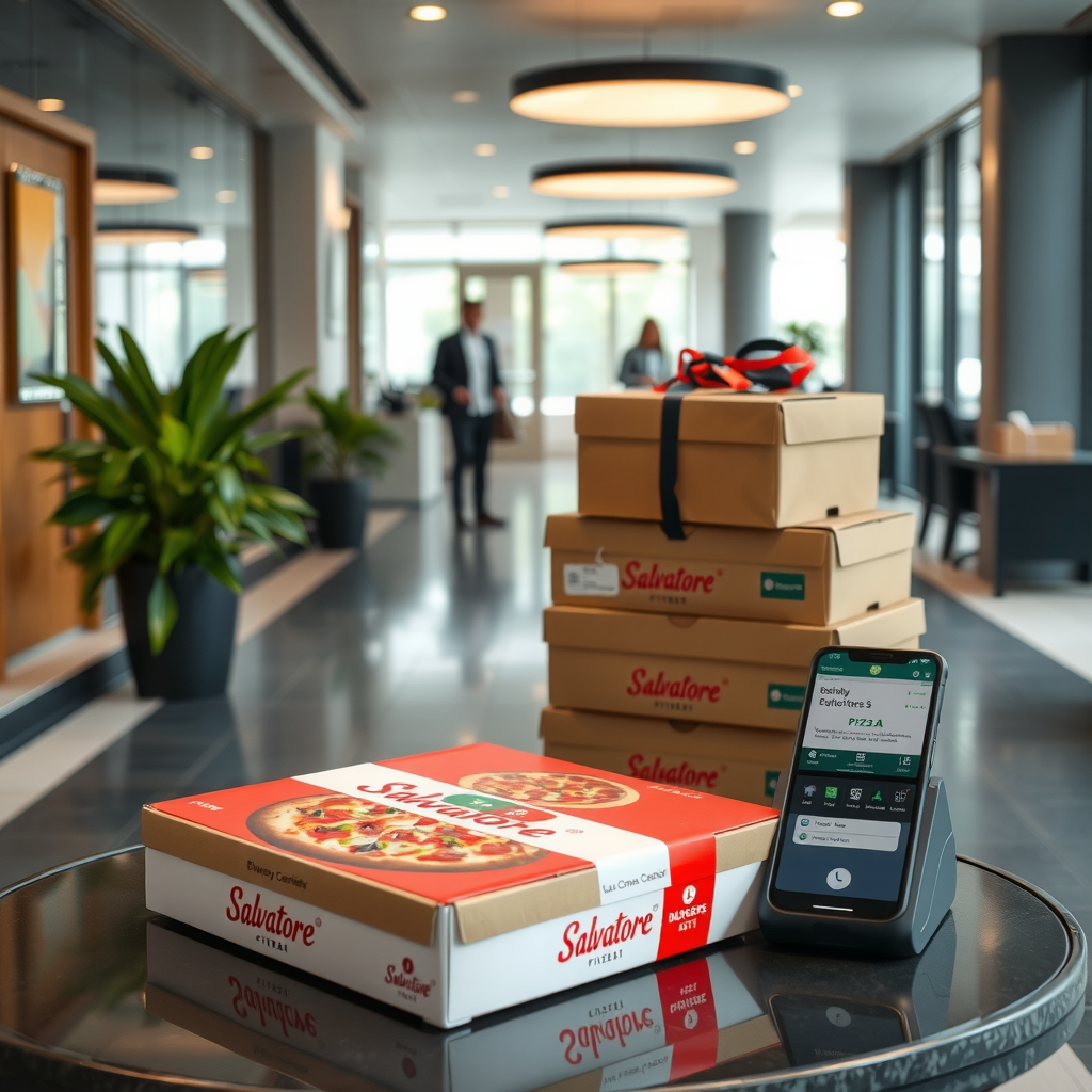 Professional contactless delivery setup in modern office lobby with sealed Salvatore pizza boxes on designated table and delivery confirmation notification on phone