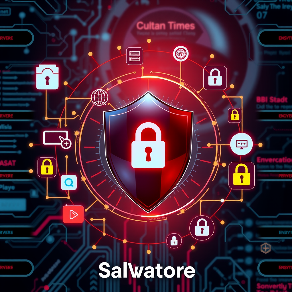 Digital security concept showing a shield icon with lock symbol, surrounded by data encryption graphics, secure server icons, and privacy protection elements on a modern tech background with Salvatore's branding