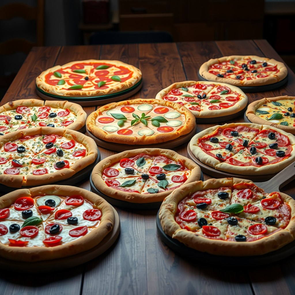 Wide variety of Salvatore pizzas displayed on rustic wooden table including margherita, pepperoni, vegetarian, and specialty pizzas with fresh ingredients visible