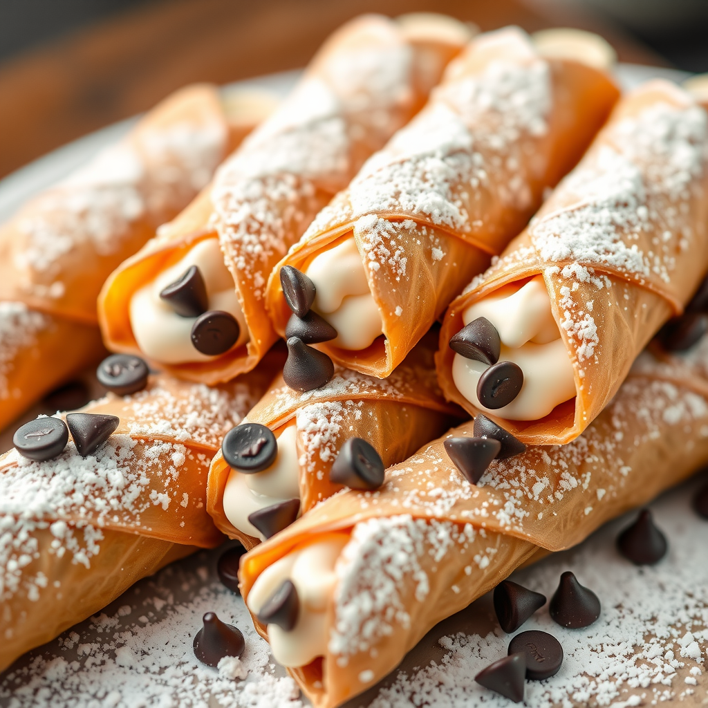 Cannoli shells filled with sweet ricotta cream and chocolate chips dusted with powdered sugar