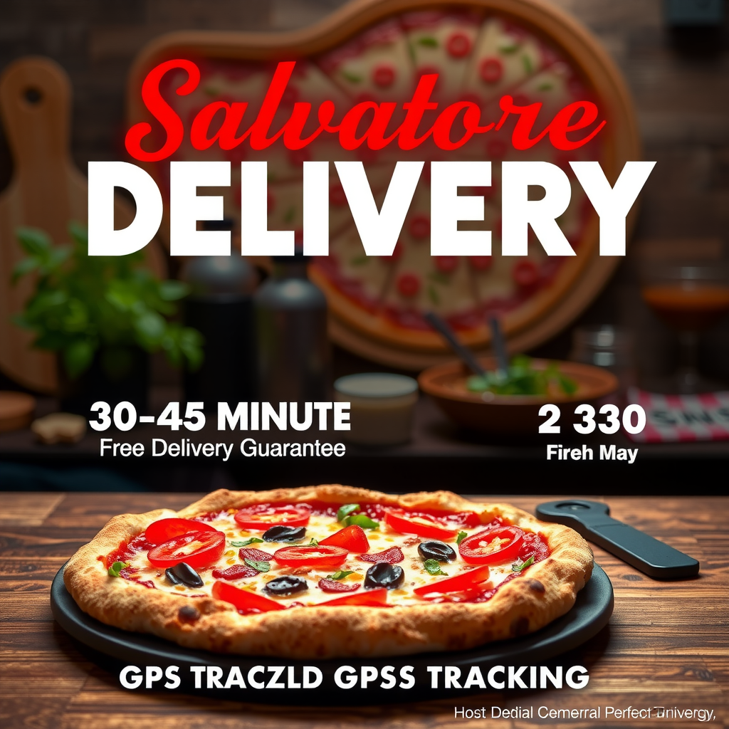 Salvatore pizza delivery service promotional banner showing hot fresh pizza, 30-45 minute delivery guarantee, free delivery over $30, GPS tracking feature, professional delivery service