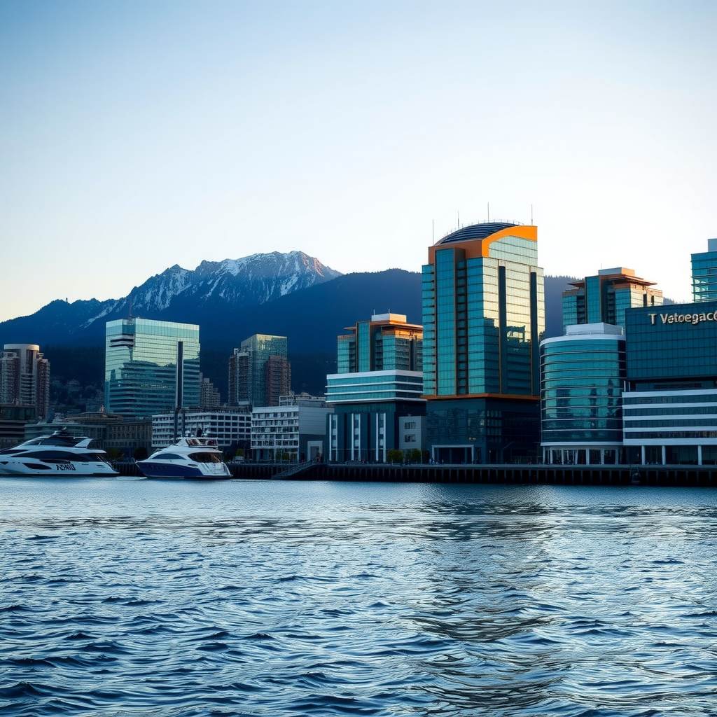 Vancouver waterfront with mountains in background and modern glass buildings reflecting blue sky