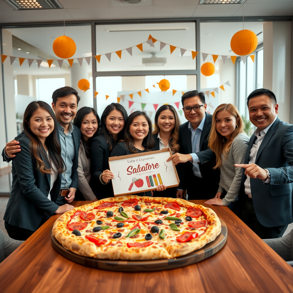 Happy corporate team celebrating successful project completion with Salvatore pizza in modern conference room with decorations and smiling employees