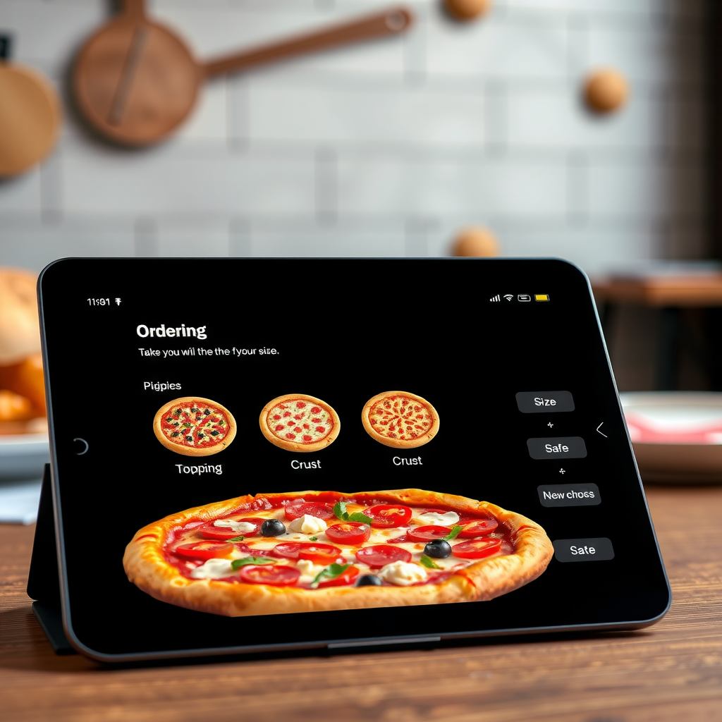Modern online ordering interface showing pizza customization options with topping selections, crust choices, and size options on tablet device