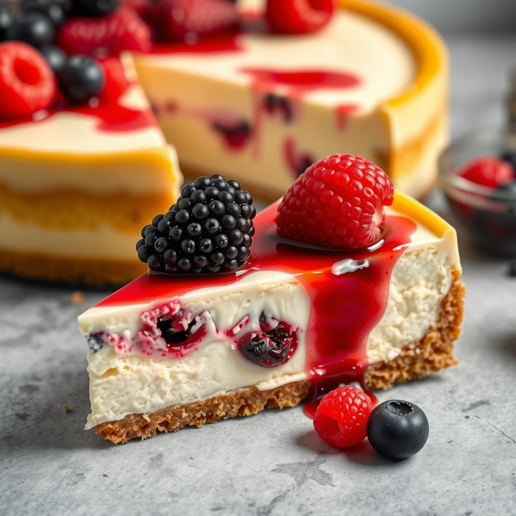 New York style cheesecake slice with graham cracker crust and berry topping