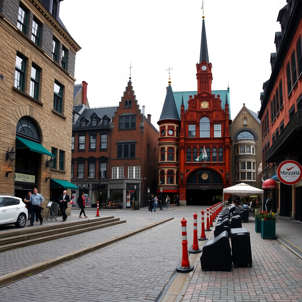 Montreal Old Port with historic stone buildings and cobblestone streets in European style architecture