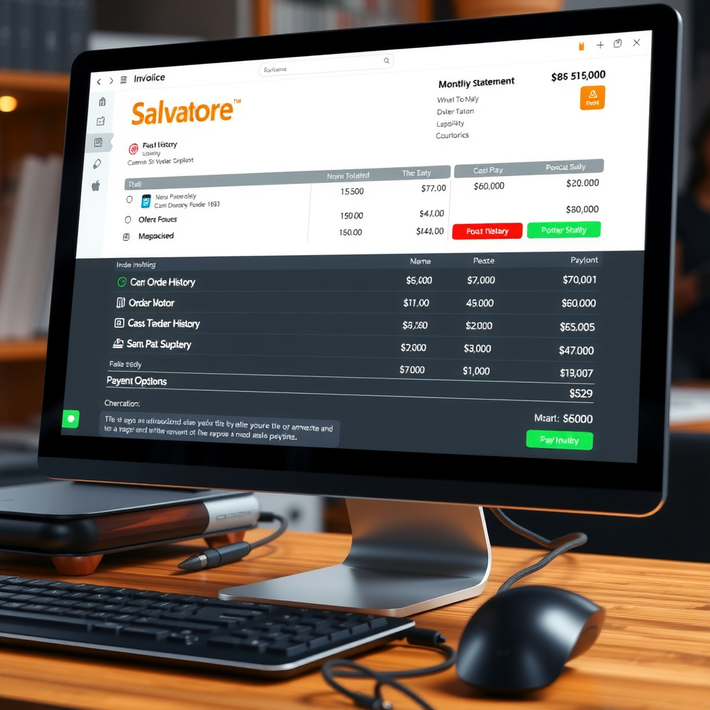 Professional corporate invoicing system showing Salvatore monthly statement with detailed order history and multiple payment options displayed on computer screen